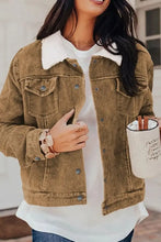 Brown corduroy jacket with shearling collar and button closure