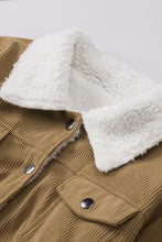 Beige corduroy jacket with white sherpa lining, shearling collar, and silver buttons