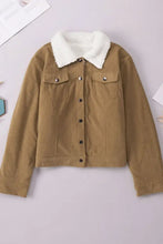 Beige corduroy jacket with white shearling collar and button closure