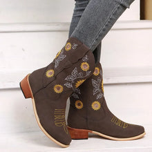 Brown Leather Cowboy Boots with Sunflower Embroidery for Women