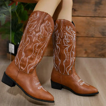 Women’s Brown Cowboy Boots with White Embroidery Woman Boots