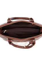 Elegant brown crocodile embossed leather handbag with gold hardware