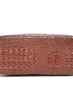 Brown crocodile embossed leather handbag with top handles