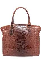 Glossy brown crocodile-embossed leather handbag with top handles