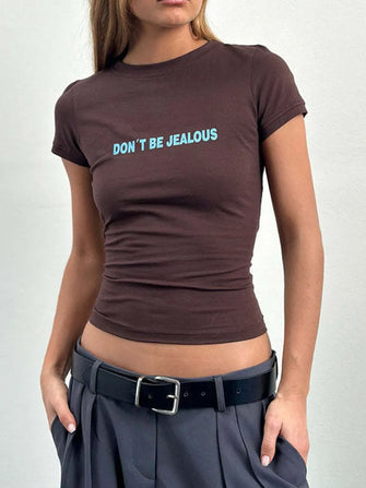 Brown Cropped Fitted T-Shirt with Turquoise Text for Women Brown