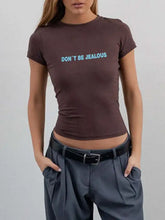 Brown Cropped Fitted T-Shirt with Turquoise Text for Women Woman T Shirts