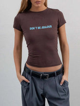 Brown Cropped Fitted T-Shirt with Turquoise Text for Women