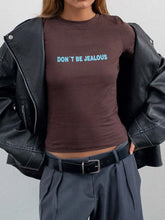 Brown Cropped Fitted T-Shirt with Turquoise Text for Women