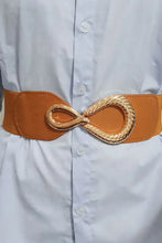 Brown elastic belt with ribbed alloy buckle and gold infinity detail