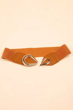 Brown elastic belt with ribbed alloy teardrop buckle for women