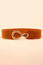 Brown elastic belt with golden ribbed alloy infinity buckle for women