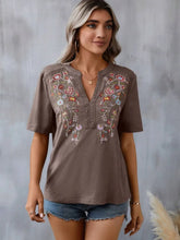 Brown Embroidered V Neck Short Sleeve Top for Women Taupe