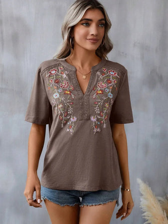 Brown Embroidered V Neck Short Sleeve Top for Women Taupe