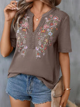 Brown Embroidered V Neck Short Sleeve Top for Women