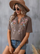 Brown Embroidered V Neck Short Sleeve Top for Women