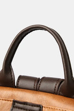 Close-up of brown faux leather backpack bag handle