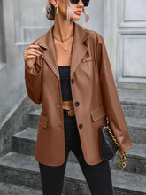 Brown Faux Leather Blazer for Women with Button Closure