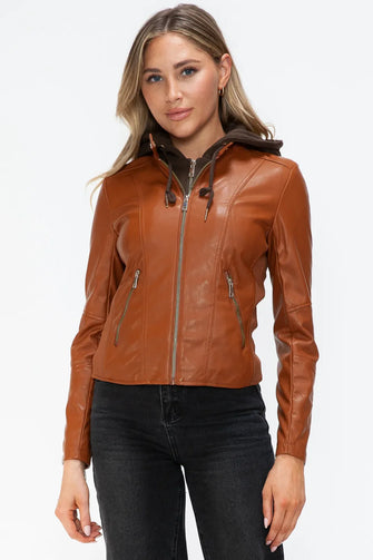 Womens Faux Leather Drawstring Hooded Jacket Brown Outerwear Camel Woman Outerwear
