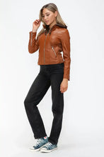 Womens Faux Leather Drawstring Hooded Jacket Brown Outerwear Woman Outerwear