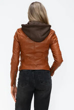 Womens Faux Leather Drawstring Hooded Jacket Brown Outerwear Woman Outerwear