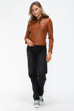 Womens Faux Leather Drawstring Hooded Jacket Brown Outerwear Woman Outerwear