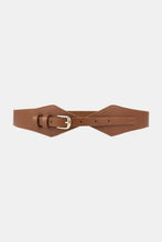 Brown faux leather geometric elastic belt with gold buckle