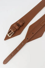 Brown faux leather geometric elastic belt with gold buckle