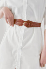 Brown faux leather geometric elastic belt with gold buckle