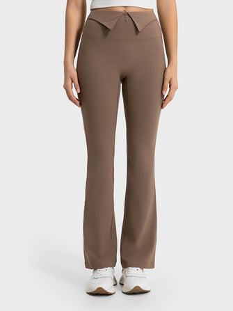 Brown Flared Yoga Pants for Women Stretchy Nylon Spandex Blend Taupe