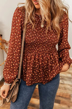 Brown floral smocked ruffle hem long sleeve blouse