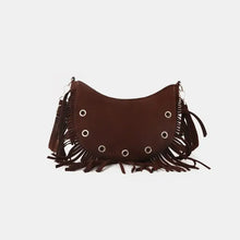 Brown fringed crossbody bag with silver grommets