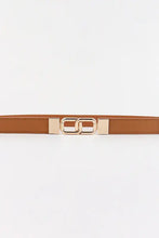 Brown geometric double buckle faux leather belt with gold interlocking oval design