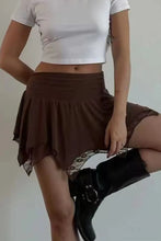 Brown Handkerchief Hem Mini Skirt with Lace and Ruched Detailing