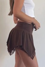 Brown Handkerchief Hem Mini Skirt with Lace and Ruched Detailing