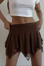 Brown Handkerchief Hem Mini Skirt with Lace and Ruched Detailing Dark Brown