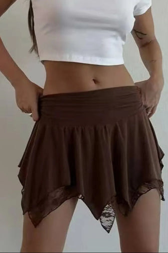 Brown Handkerchief Hem Mini Skirt with Lace and Ruched Detailing Dark Brown