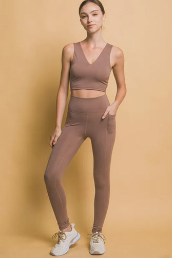 Brown High Waist Leggings with Side Pockets for Women Taupe