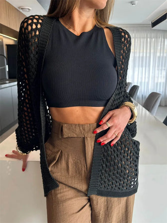 Brown High-Waisted Wide-Leg Trousers with Black Knit Cardigan Cover-Up Black