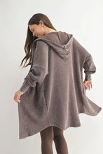 Brown houndstooth chunky waffle mineral hooded open cardigan sweater