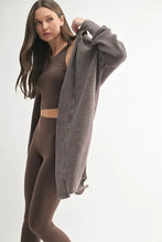 Brown houndstooth chunky waffle mineral hooded open cardigan sweater