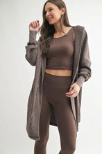 Brown houndstooth chunky waffle mineral hooded open cardigan