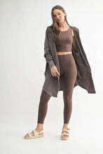 Brown chunky waffle mineral hooded open cardigan with textured leggings