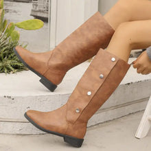 Brown Knee-High Round Toe Riding Boots with Button Accents for Women Woman Boots