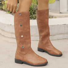 Brown Knee-High Round Toe Riding Boots with Button Accents for Women Caramel Woman Boots