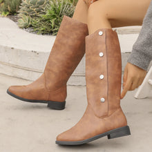 Brown Knee-High Round Toe Riding Boots with Button Accents for Women