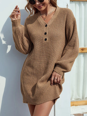Brown Knit Sweater Dress with Long Sleeve Length for Women Camel