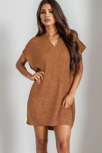 Brown Knit V-Neck Tunic Dress for Women Caramel