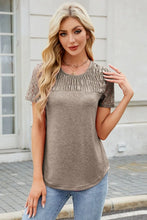 Brown Lace Sleeve Smocked T Shirt for Women