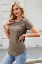 Brown Lace Sleeve Smocked T Shirt for Women