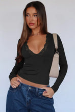 Brown Lace Trim Long Sleeve Top for Women Black Woman T Shirts